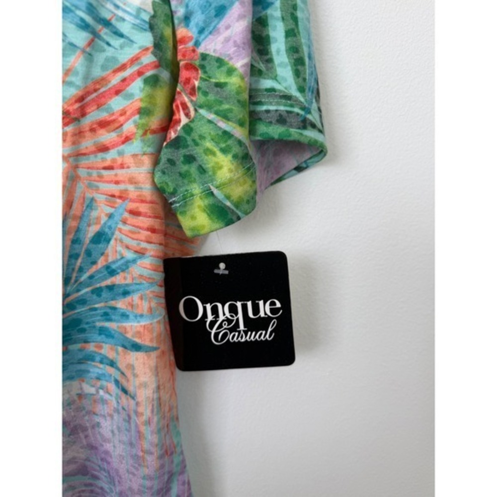Onque Casual Tropical Floral Short Sleeve Top Blue Women's Petite Extra Large - Picture 2 of 4